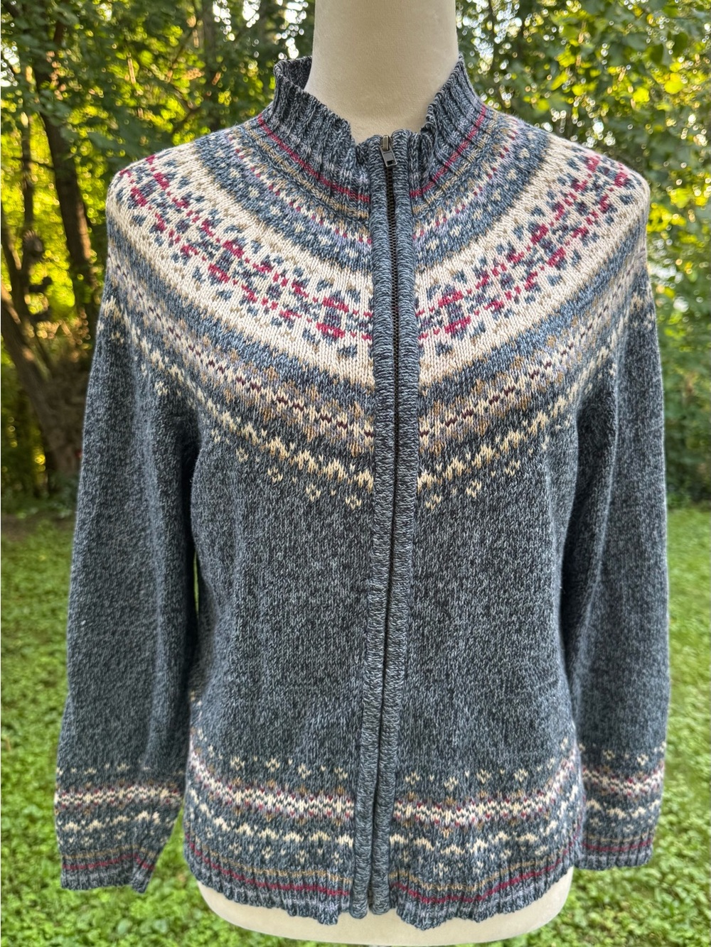 TIARA International VTG Blue Fair Isle Nordic Full Zip Cardigan PM GRANDMA CORE